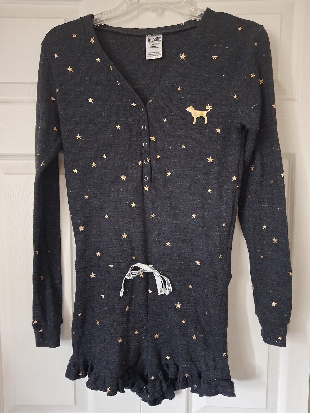 PINK Victoria's Secret Dark Gray Logo Pajama Romper with Gold Stars. Size S.